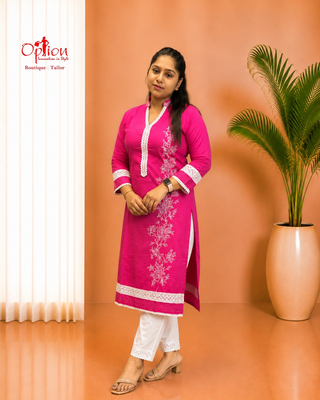 Rani Pink Floral Embroidered Cotton Straight Kurti